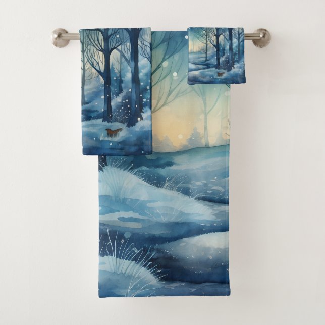 Beautiful Blue Winter Woods Scene Bath Towel Set (Insitu)