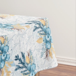 Beautiful Blue Winterberries Grey Filigree  Tablecloth