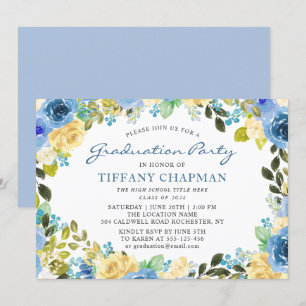 Beautiful Blue Yellow Floral Graduation Party Invitation