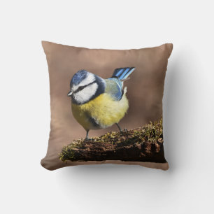 Beautiful Blue & Yellow Tit Bird on a Branch Throw Pillow