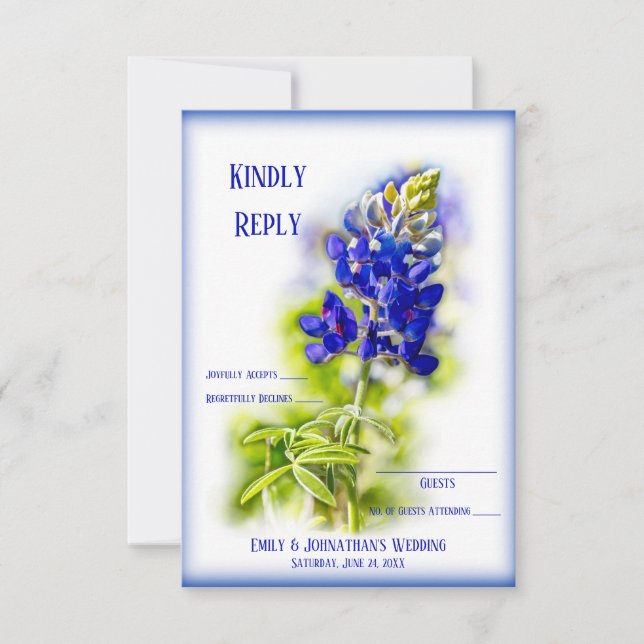Beautiful Bluebonnet Floral, Modern Wedding RSVP, Thank You Card (Front)