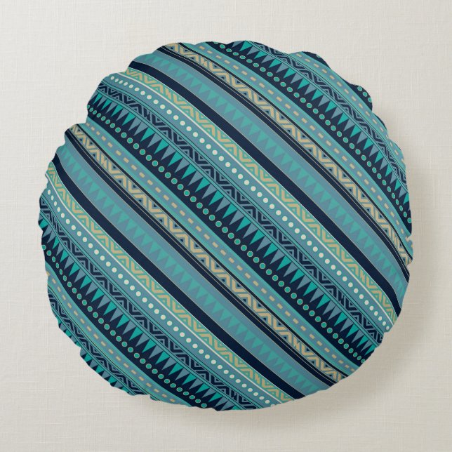 Beautiful Blues Geometric Stripe Round Pillow (Front)
