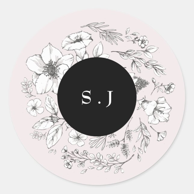 Beautiful Blush Black Floral Monogram Wreath Classic Round Sticker (Front)