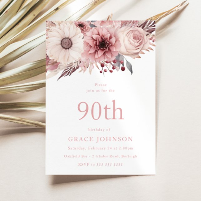 Beautiful Blush Boho Floral 90th Birthday Party Invitation (Creator Uploaded)