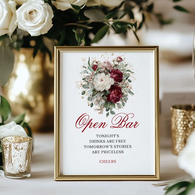 Beautiful Blush Burgundy Open Bar Wedding Sign (Beautiful Blush Burgundy Open Bar Wedding Sign)