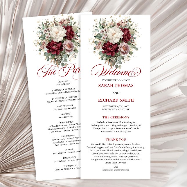 Beautiful Blush Burgundy Wedding Program Long (Beautiful Blush Burgundy Wedding Program Card)