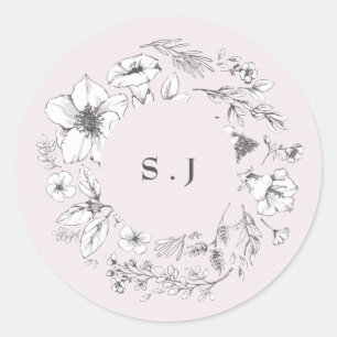 Beautiful Blush Floral Monogram Sketched Wreath Classic Round Sticker