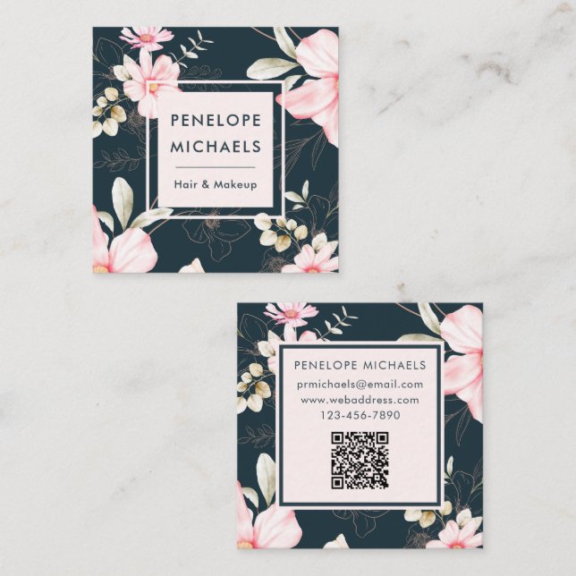 Beautiful Blush Floral with QR Code Dark Blue  Square Business Card (Front/Back)