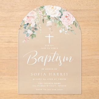 Beautiful Blush Flowers Baby Girls Baptism Acrylic Invitations