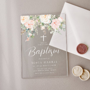 Beautiful Blush Flowers Baby Girls Baptism Acrylic Invitations