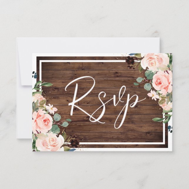 Beautiful Blush Flowers & Rustic Wood Wedding RSVP Card (Front)