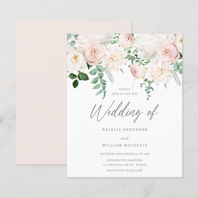 Beautiful Blush Garden Wedding Budget Invite (Front/Back)