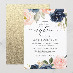 Beautiful Blush & Navy Flowers Boy Girl Baptism Invitation