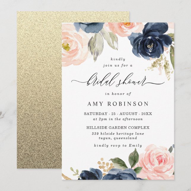 Beautiful Blush & Navy Flowers Bridal Shower Invitation (Front/Back)