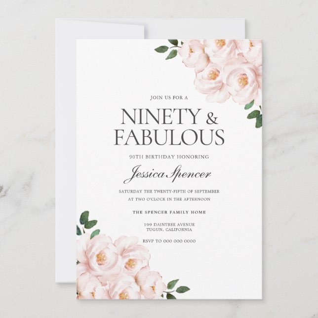 Beautiful Blush Pink Elegant 90th Birthday Invitation (Front)