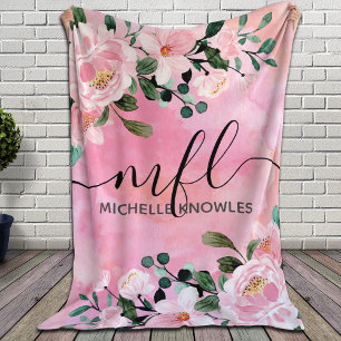 Beautiful Blush Pink Floral Trendy Script monogram Fleece Blanket