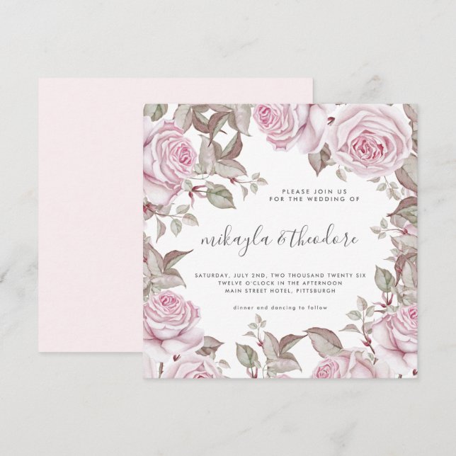 Beautiful Blush Pink Watercolor Roses Wedding Invitation (Front/Back)
