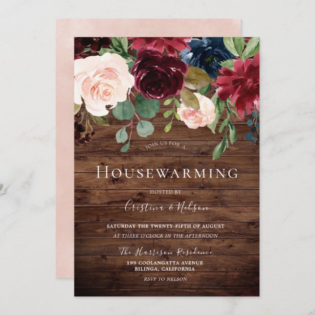 Beautiful Blush Rustic Burgundy Housewarming Party Invitation (Front/Back)
