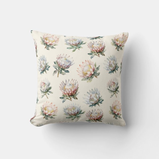 Beautiful blush white king protea flower pattern throw pillow (Front)