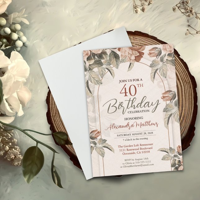 Beautiful Boho Floral 40th Birthday or Custom Age Invitation (Click "Personalize this Template" to easily change the age for any birthday celebration. )