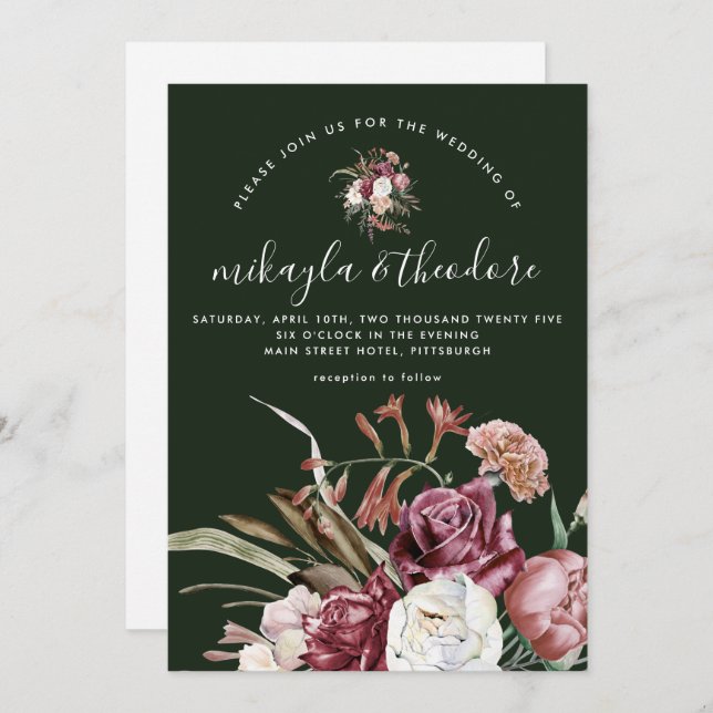 Beautiful Boho Floral Dark Green Wedding Invitation (Front/Back)