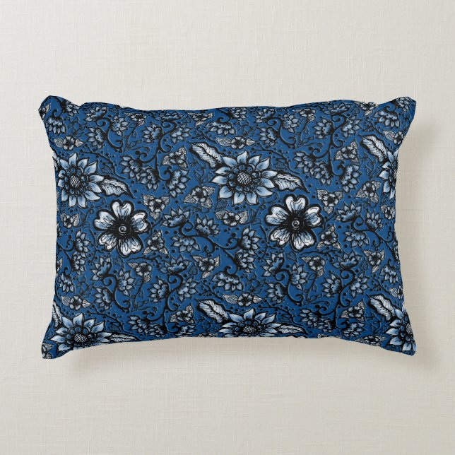 Beautiful Boho Flowers | Classic Blue Accent Pillow (Front)