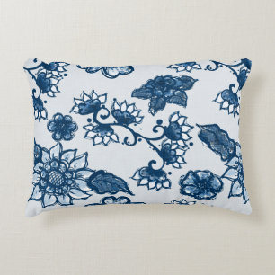 Beautiful Boho Flowers Large Classic Blue Accent Pillow