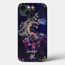 Beautiful Boho Moon Stars Blue Purple Custom Text