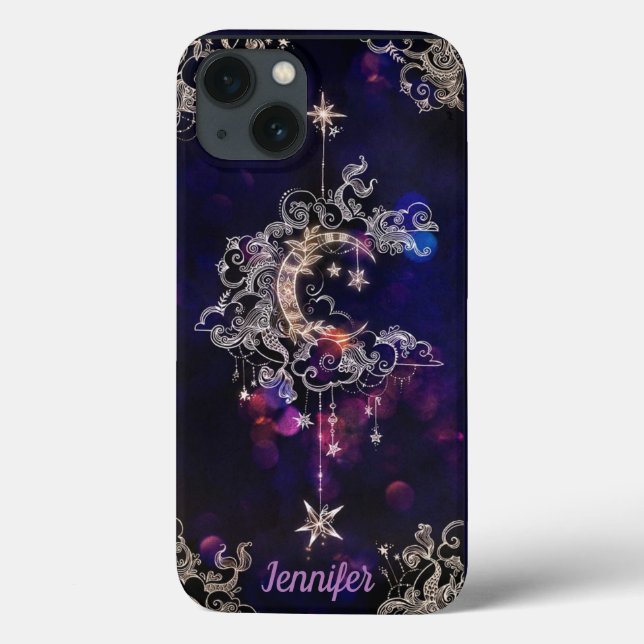 Beautiful Boho Moon Stars Blue Purple Custom Text  Case-Mate iPhone Case (Back)
