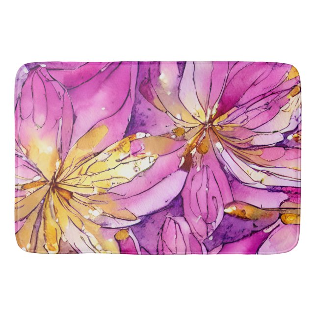 Beautiful Boho Pink and Gold Floral Pattern Bath Mat (Front)