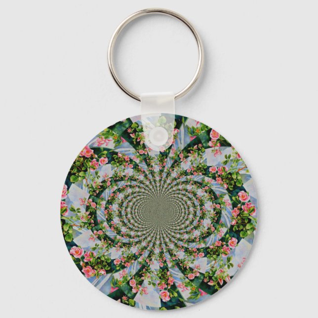 Beautiful boho pink, red roses, watercolor floral keychain (Front)