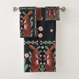 Beautiful Boho Rabbits Hare Garden Vintage Black Bath Towel Set