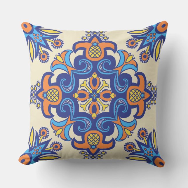 Beautiful Boho Talavera Tile Outdoor Pillow (Front)