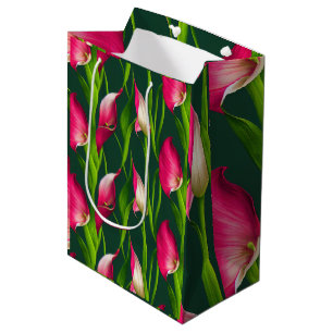 Beautiful Bold Pink & Green Calla Lilly Florals Medium Gift Bag