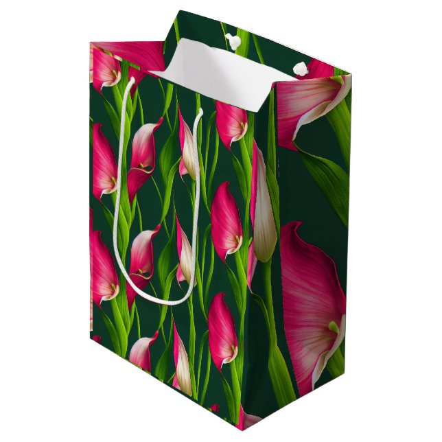 Beautiful Bold Pink & Green Calla Lilly Florals Medium Gift Bag (Front Angled)