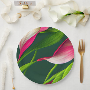 Beautiful Bold Pink & Green Calla Lilly Florals Paper Plate