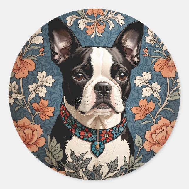 Beautiful Boston Terrier William Morris Inspired Classic Round Sticker (Front)