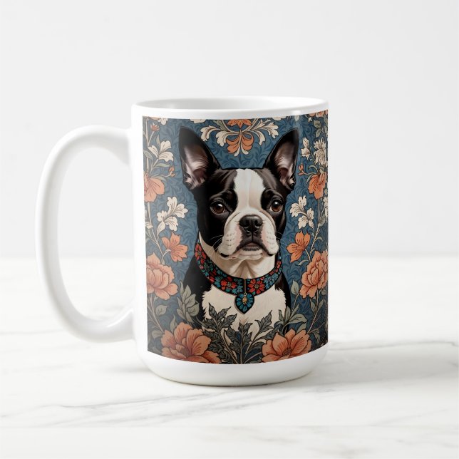 Beautiful Boston Terrier William Morris Inspired Coffee Mug (Left)