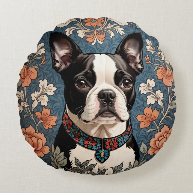 Beautiful Boston Terrier William Morris Inspired Round Pillow (Front)