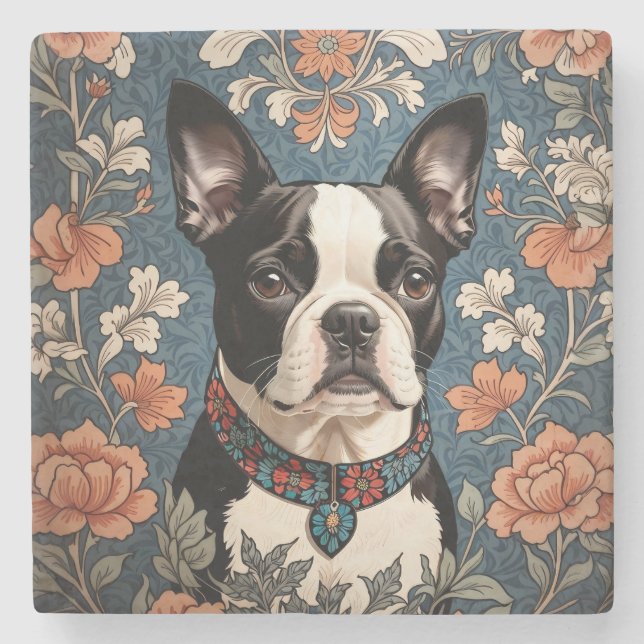 Beautiful Boston Terrier William Morris Inspired Stone Coaster (Front)
