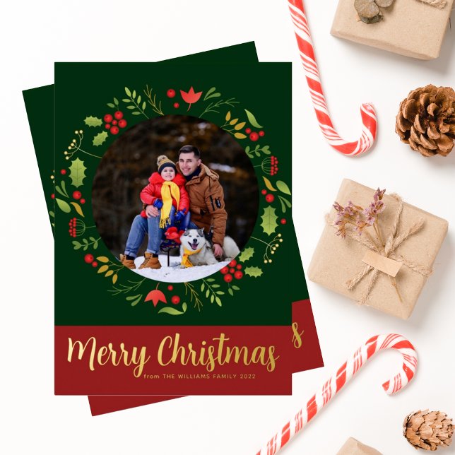 Beautiful Botanical Christmas Wreath Photo Gold Foil Holiday Card (Creator Uploaded)