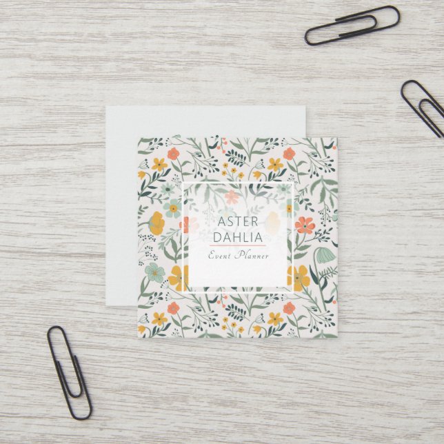 Beautiful Botanical Floral Pattern Square Business Card (Front/Back In Situ)