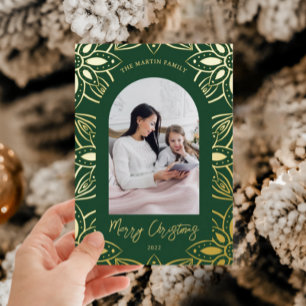 Beautiful Botanical Frame Photo Christmas Green Foil Holiday Card