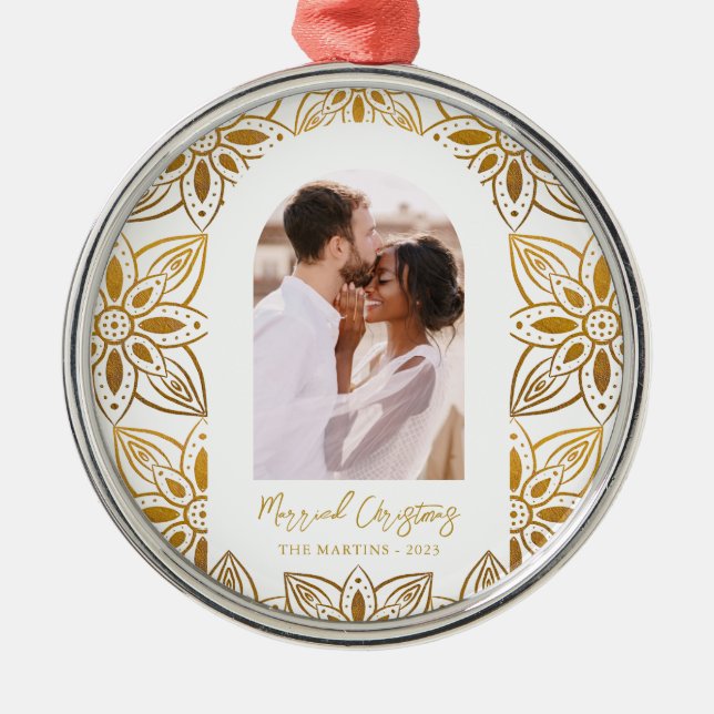 Beautiful Botanical Married Christmas Photo Arch Metal Ornament (Front)