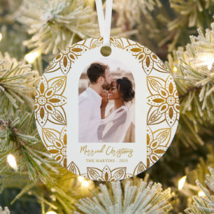 Beautiful Botanical Married Christmas Photo Arch Metal Ornament