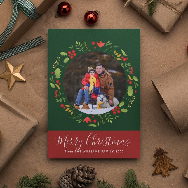 Beautiful Botanical Merry Christmas Wreath Photo Holiday Card (Creator Uploaded)