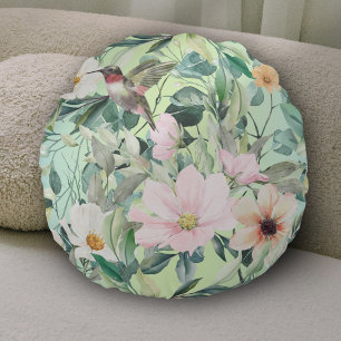 Beautiful Botanical Wildflowers and Hummingbird Round Pillow