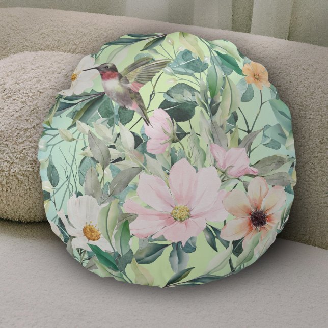 Beautiful Botanical Wildflowers and Hummingbird Round Pillow (Creator Uploaded)