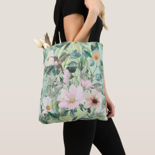 Beautiful Botanical Wildflowers and Hummingbird Tote Bag