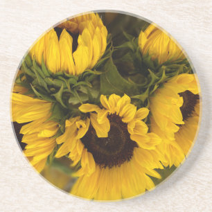 Beautiful Bouquet of Gold Sunflowers Round Pillow Coaster